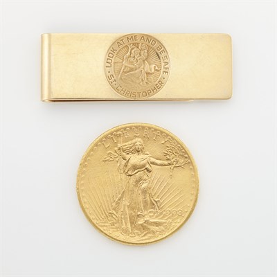 Lot 1573 - Gold St. Christopher Money Clip, Tiffany & Co., and Gold Coin