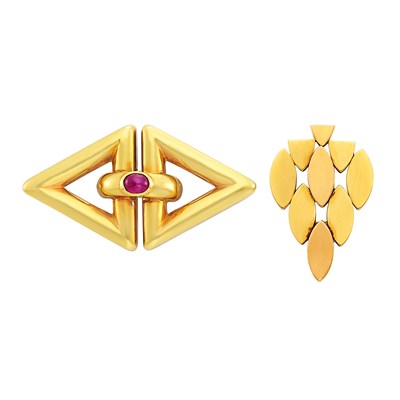 Lot 364 - Two-Color Gold Clip and Gold and Cabochon Ruby Brooch, Tiffany & Co.