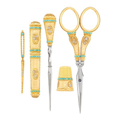 Lot 98 - Belle Époque Variegated Gold and Turquoise Sewing Set