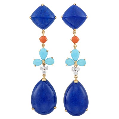 Lot 61 - Pair of Gold, Lapis, Coral, Turquoise and Diamond Pendant-Earclips