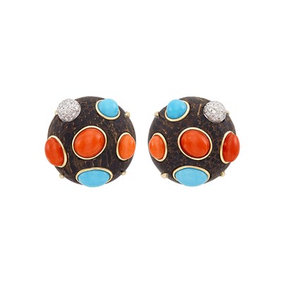 Lot 44 - Pair of Two-Color Gold, Wood, Turquoise, Coral and Diamond Earclips