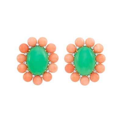 Lot 55 - Pair of Gold, Green Chrysoprase, Coral and Diamond Earclips