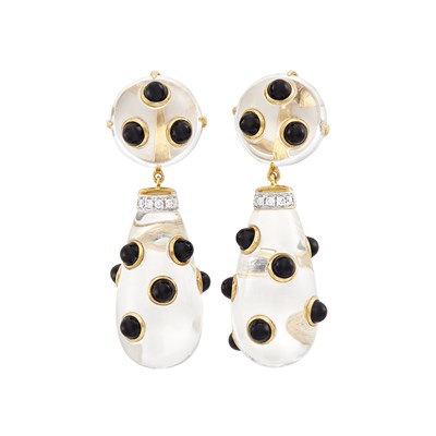 Lot 38 - Pair of Gold, Rock Crystal, Black Onyx and Diamond Pendant-Earclips