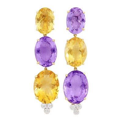 Lot 15 - Pair of Gold, Citrine, Amethyst and Diamond Pendant-Earclips