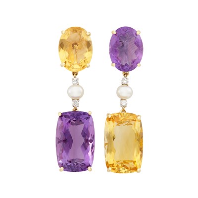 Lot 544 - Pair of Gold, Citrine, Amethyst, Freshwater Pearl and Diamond Pendant-Earclips