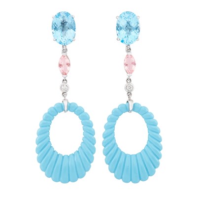 Lot 115 - Pair of White Gold, Blue Topaz, Pink Tourmaline and Fluted Turquoise Composite Pendant-Earclips