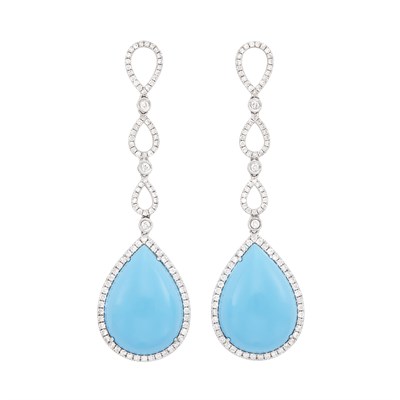 Lot 114 - Pair of White Gold, Diamond and Turquoise Composite Pendant-Earrings