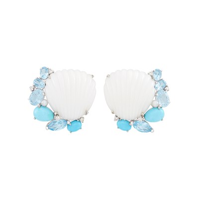 Lot 119 - Pair of White Gold, Carved White Quartz, Aquamarine, Turquoise, Cultured Pearl and Diamond Earclips
