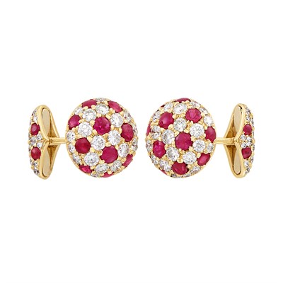 Lot 182 - Pair of Gold, Diamond and Cabochon Ruby Cufflinks