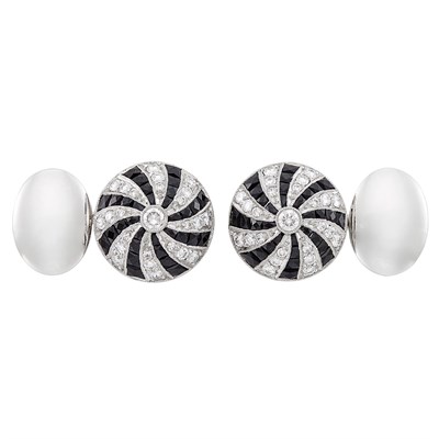 Lot 187 - Pair of Platinum, Black Onyx and Diamond Cufflinks