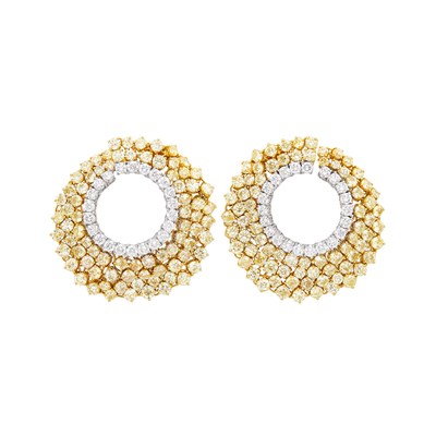 Lot 400 - Pair of Two-Color Gold, Diamond and Yellow Diamond Earrings