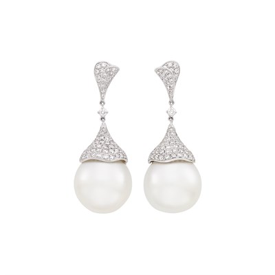 Lot 113 - Pair of White Gold, South Sea Cultured Pearl and Diamond Pendant-Earrings