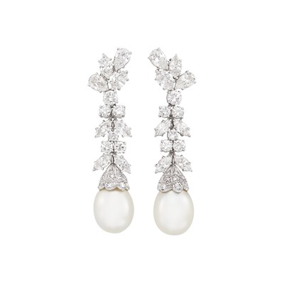 Lot 406 - Pair of Platinum, Diamond and South Sea Cultured Pearl Pendant-Earclips