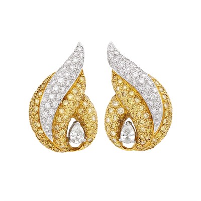 Lot 397 - Pair of Gold, Platinum, Diamond and Yellow Diamond Earclips