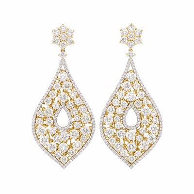 Lot 396 - Pair of Two-Color Gold and Diamond Pendant-Earrings