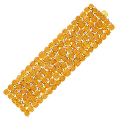 Lot 89 - Wide Gold, Cabochon Citrine and Diamond Bracelet