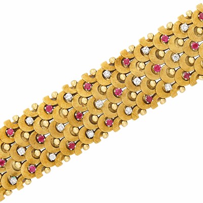 Lot 221 - Wide Rose Gold, Diamond and Ruby Bracelet, France