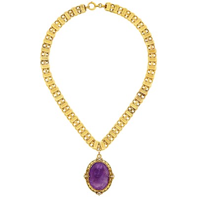 Lot 503 - Antique Gold Necklace with Antique Gold, Virgin Mary Amethyst Cameo, Enamel and Split Pearl Pendant-Brooch