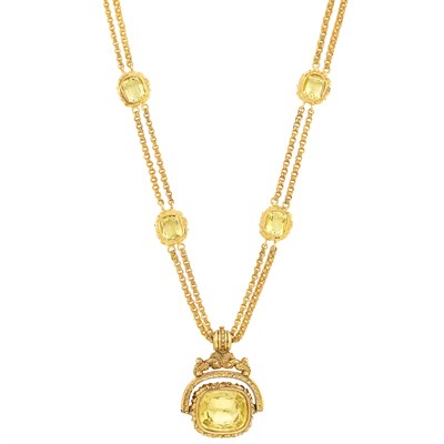Lot 1241 - Double Strand Gold and Citrine Chain Necklace with Antique Variegated Gold and Citrine Fob Pendant