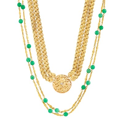 Lot 1396 - Double Strand Two-Color Gold and Diamond Chain Necklace and Long Low Karat Gold and Aventurine Quartz Bead Chain Necklace