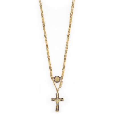 Lot 1356 - Double Strand Gold Chain Necklace with Garnet and Yellow Diamond Cross Pendant and Charm
