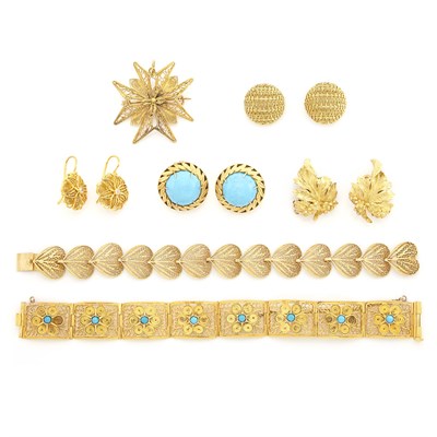 Lot 1400 - Group of Gold, Turquoise, Simulated Turquoise and Diamond Jewelry