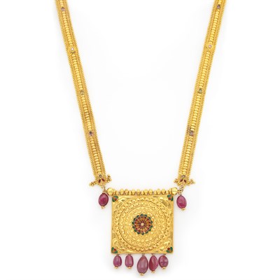 Lot 1391 - High Karat Gold, Ruby Bead, Enamel and Gem-Set Pendant-Necklace