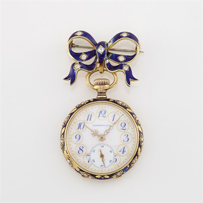 Lot 1582A - Antique Gold, Blue Enamel and Split Pearl Lapel-Watch, Tiffany & Co.
