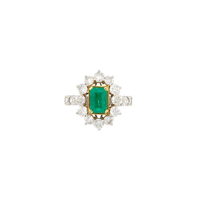 Lot 444 - Two-Color Gold, Emerald and Diamond Ring