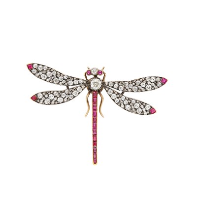 Lot 137 - Antique Silver, Gold, Diamond and Ruby 'En Tremblant' Dragonfly Brooch