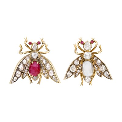 Lot 139 - Two Antique Gold, Baroque Pearl, Cabochon Ruby and Diamond Insect Pins