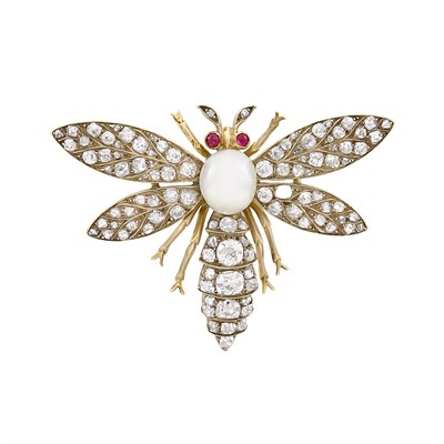 Lot 137 - Antique Silver, Gold, Natural Button Pearl and Diamond Insect Brooch