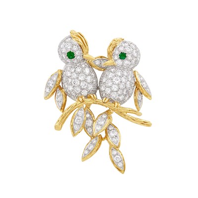 Lot 332 - Two-Color Gold, Diamond and Emerald Love Bird Clip-Brooch