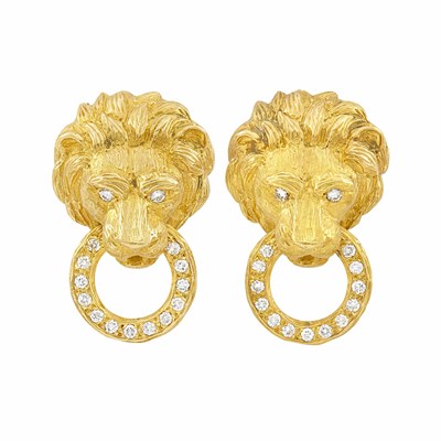 Lot 46 - Pair of Gold and Diamond Lion Head Earclips, Van Cleef & Arpels