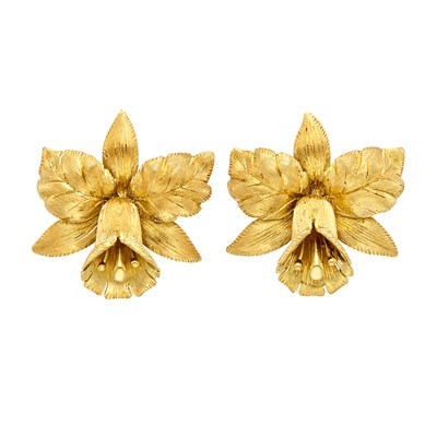 Lot 154 - Pair of Gold Orchid Earclips, Tiffany & Co.