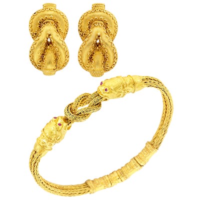 Lot 178 - Double Strand Braided Gold Mesh Bracelet and Pair of Earclips, Ilias Lalaounis