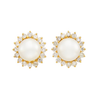 Lot 258 - Pair of Gold, South Sea Cultured Pearl and Diamond Earrings