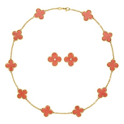 Lot 351 - Gold and Coral Chain Necklace and Pair of Coral and Diamond Earclips