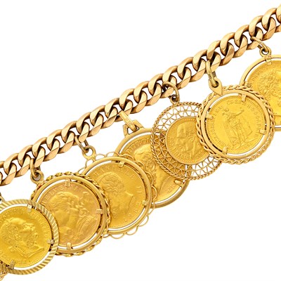 Lot 468 - Gold and Gold Coin Charm Curb Link Bracelet