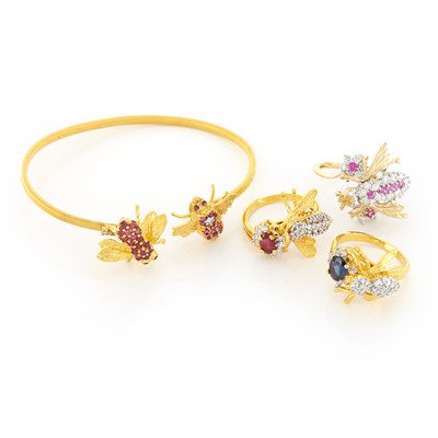 Lot 1098 - Gold, Ruby and Diamond Bee Bangle Bracelet and Three Gem-Set and Diamond Rings