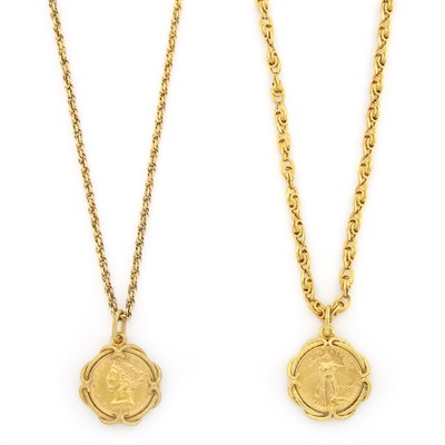 Lot 1153 - Two Gold Coin Charm Pendants with Chains