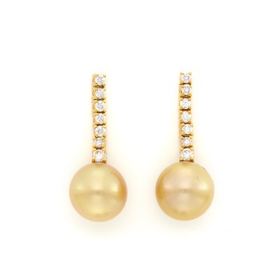 Lot 1200 - Pair of Gold, Diamond and Golden Cultured Pearl Pendant-Earrings