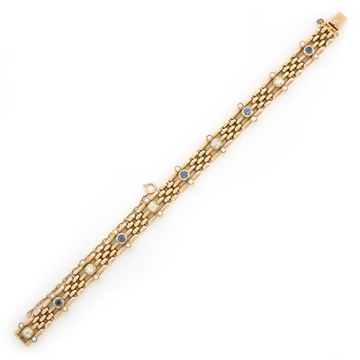 Lot 1240 - Gold, Sapphire, Diamond and Split Pearl Bracelet