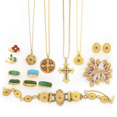 Lot 1403 - Group of Gold, High Karat Gold, Enamel, Jade, Gem-Set and Turquoise Jewelry