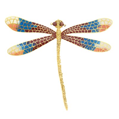 Lot 83 - Nugget Gold, Enamel and Black Cultured Pearl Dragonfly Clip-Brooch