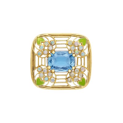 Lot 144 - Arts and Crafts Gold, Platinum, Aquamarine, Opal and Enamel Brooch, by Louis Comfort Tiffany for Tiffany & Co.