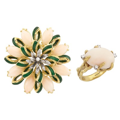 Lot 1317 - Gold, Coral, Enamel and Diamond Brooch and Ring