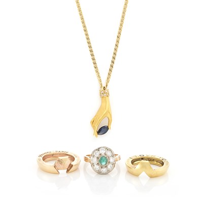 Lot 1633 - Gold and Sapphire Pendant-Necklace, Carrera y Carrera, Two-Color Gold Puzzle Band Ring, and Diamond and Cabochon Emerald Ring