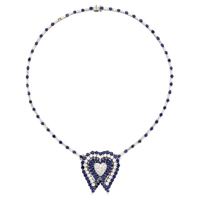 Lot 101 - Platinum, Sapphire and Diamond Heart Pendant-Brooch Necklace