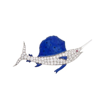 Lot 216 - Platinum, Diamond and Blue Enamel Sailfish Pin